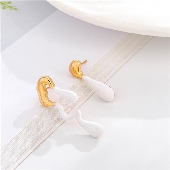 White Teardrop Stud Earrings | Asymmetrical Patchwork Waterdrop Design - Picture 3 of 4